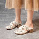 Tacones de piel de vaca de verano con punta alta y gruesa para mujer